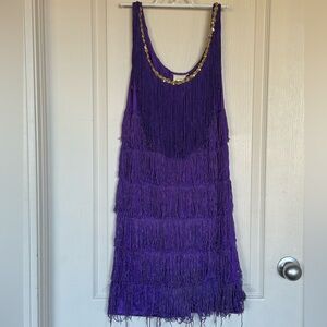 Purple Flapper Girl Fringe Dress with Gold Detail sz Small